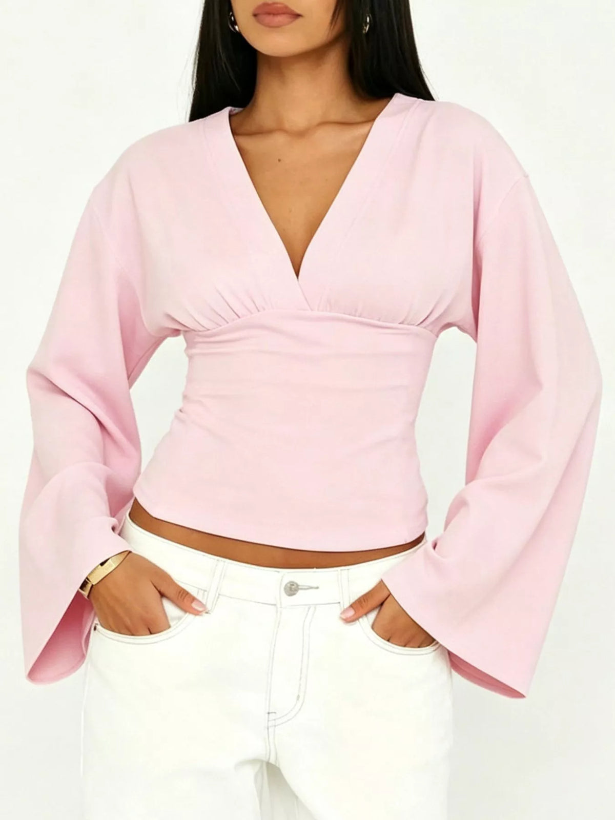 V-Neck Flare Sleeve Blouse - Pink - View 3