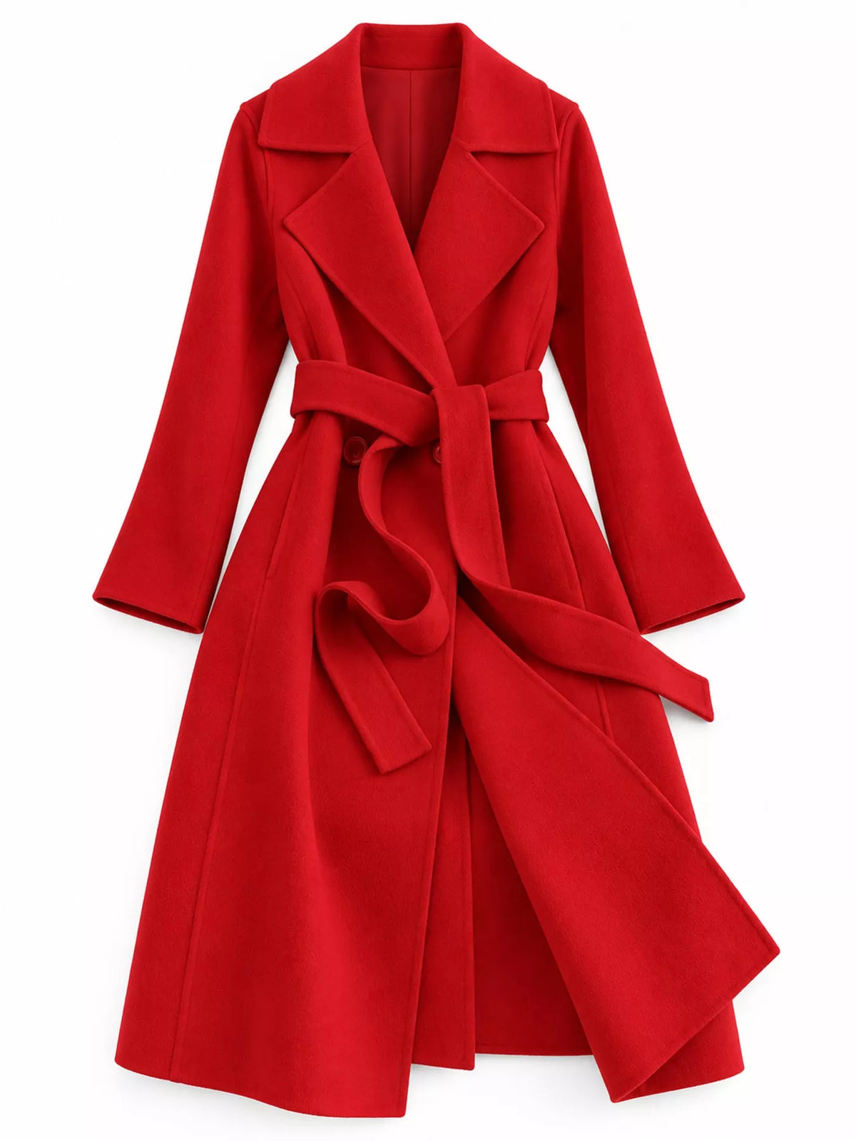 Longline Wool Coat with Waist-Defining Belt - Bright Red - View 6