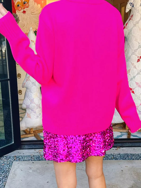 Merry Print Ribbed Trim Round Neck Loose Fit Sweater - Fuchsia Pink - View 2