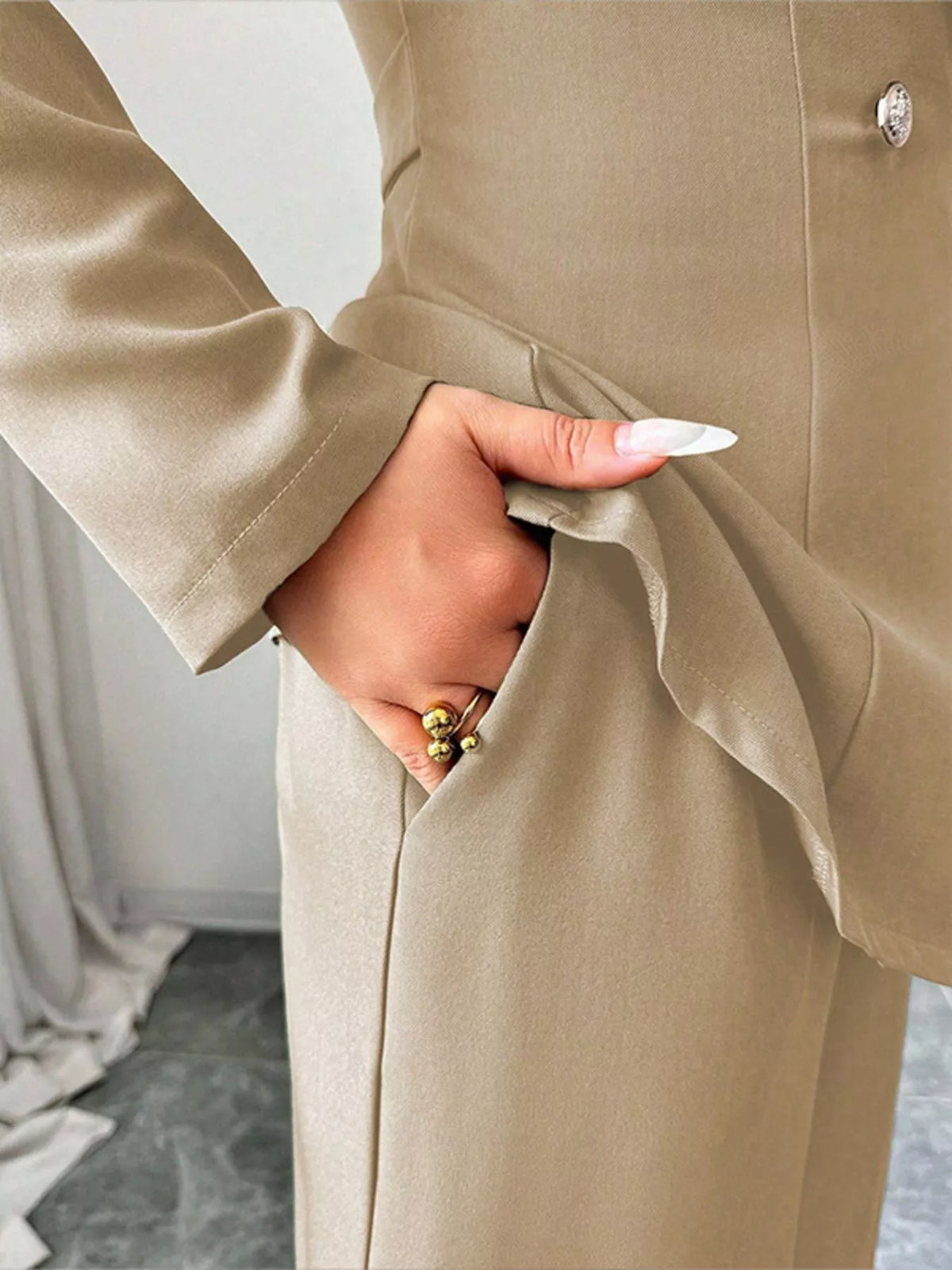 One Button Blazer and Pants Set - Khaki - View 26