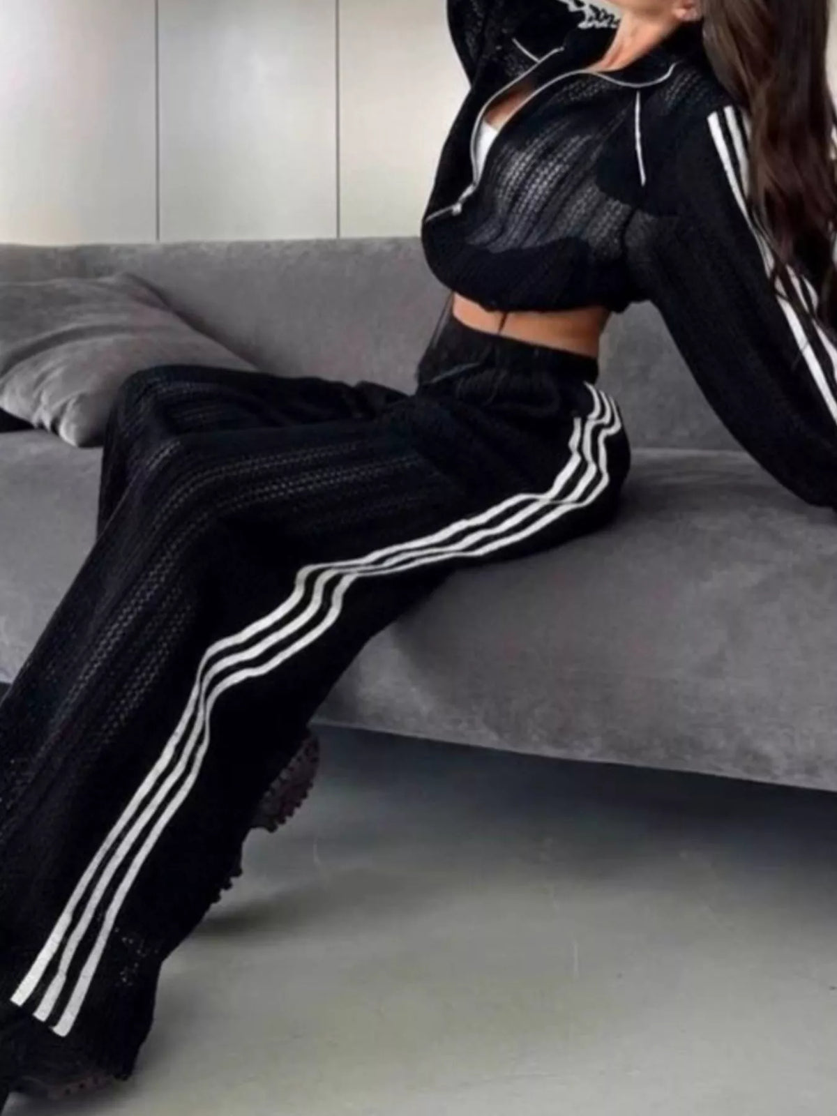 Side Stripes Zip Up Top and Pants Set - Black - View 2