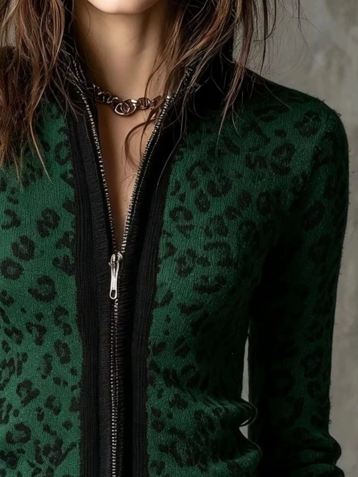 Leopard Zip-Up Knit Cardigan - Dark Green - View 2