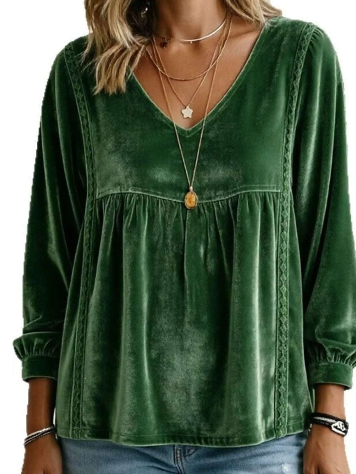 Full Size V-Neck Long Sleeve Velvet Blouse with Lace Trim Plus Size - Dark Green - View 1