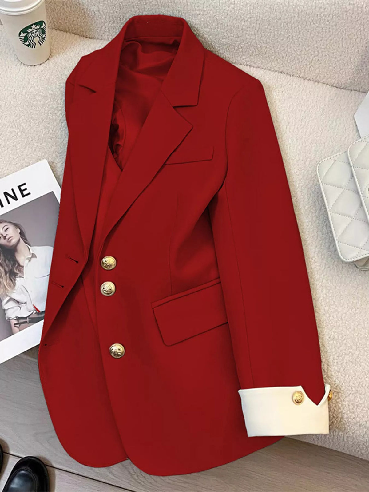 Full Size Single-Breasted Blazer with Gold Button Accents Plus Size - Red - View 23