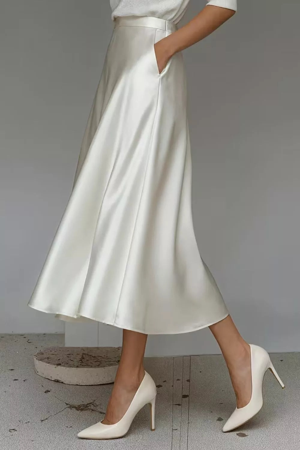 Satin A-Line Midi Skirt - White - View 4