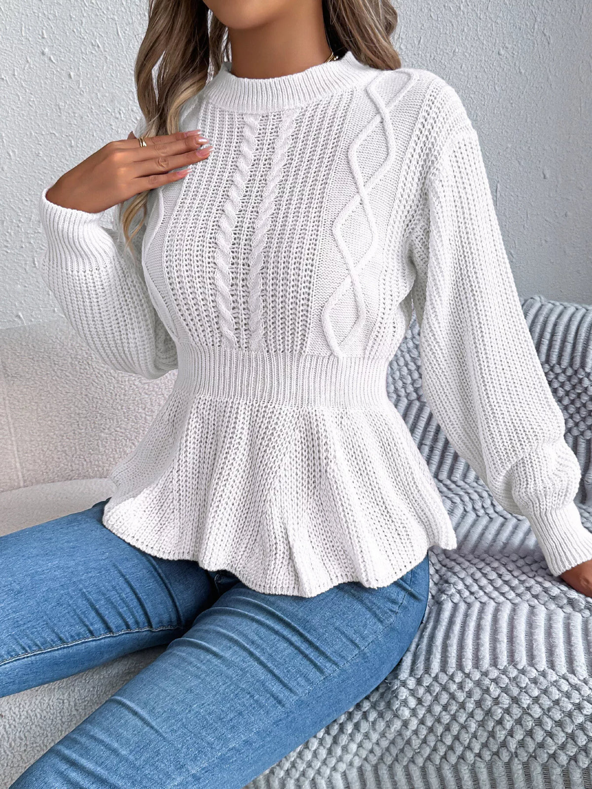 Cable Knit Peplum Sweater - White - View 3