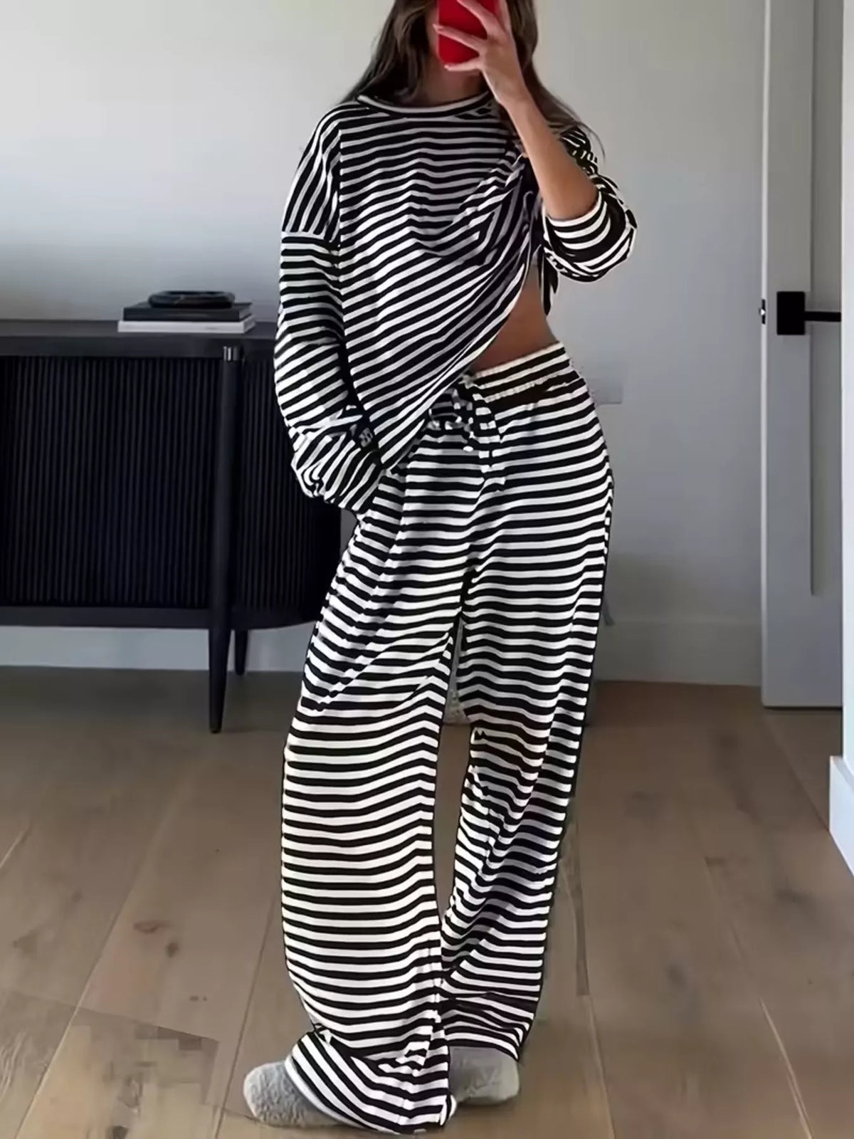 Striped Long Sleeve Top and Pants Set - Black - View 2