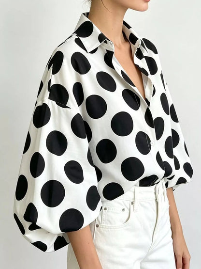 Polka Dot Puff Sleeve Shirt - White - View 4
