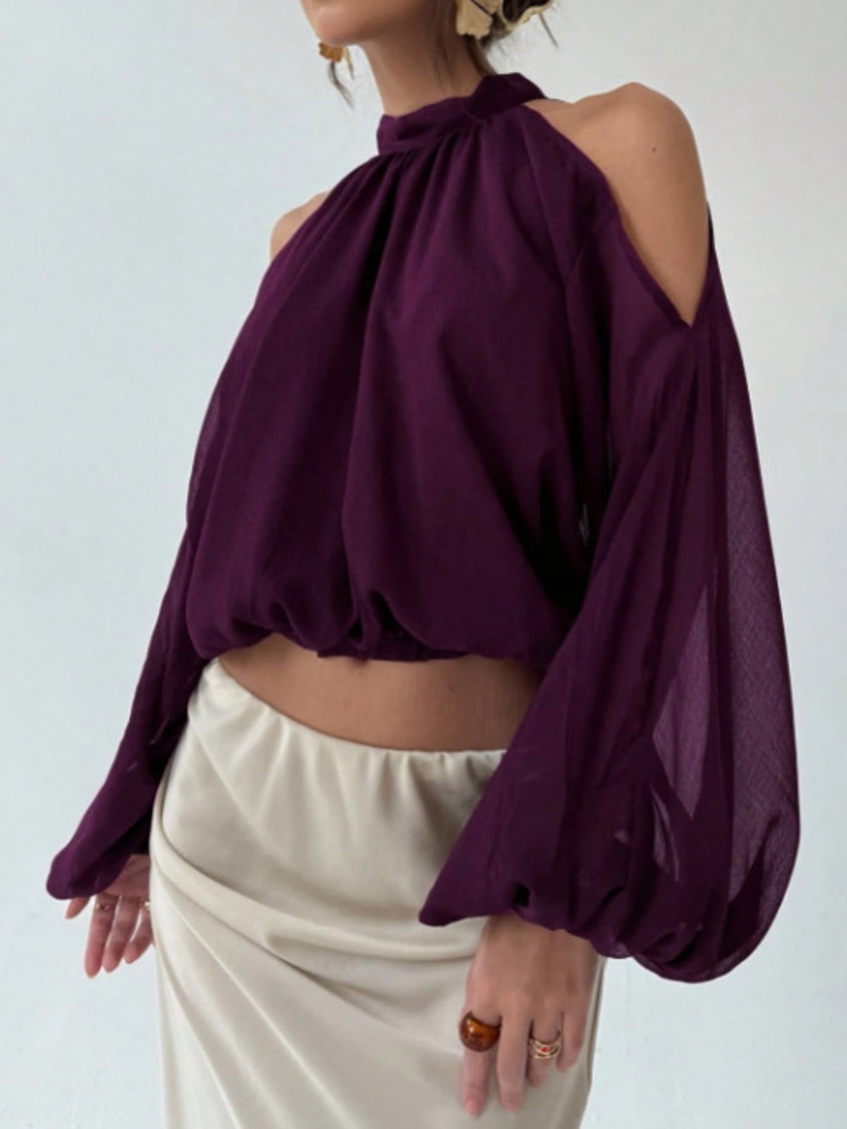 Cold-Shoulder Long Sleeve Blouse - Purple - View 16