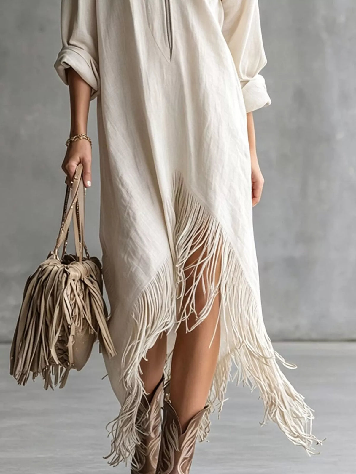 Zipper-Front Fringe Hem Midi Dress - White - View 3