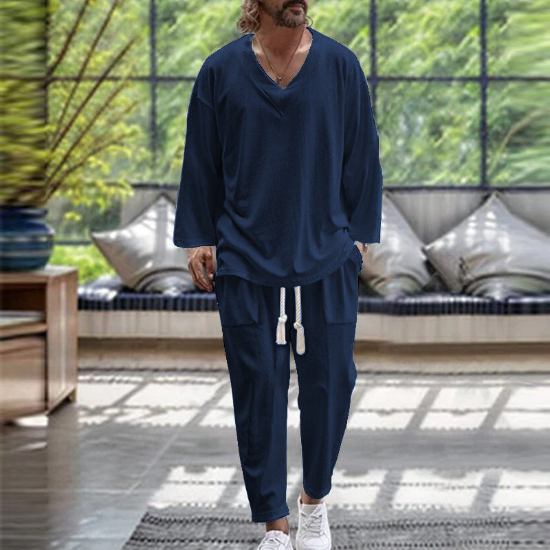 V-neck shirt casual loose long sleeved long pants beach set