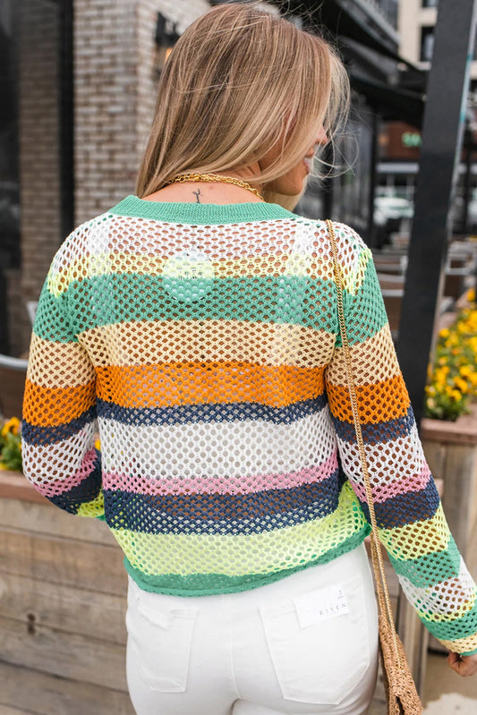 Green Colorblock Patchwork Knit Crochet Eyelet Sweater - Green - 2