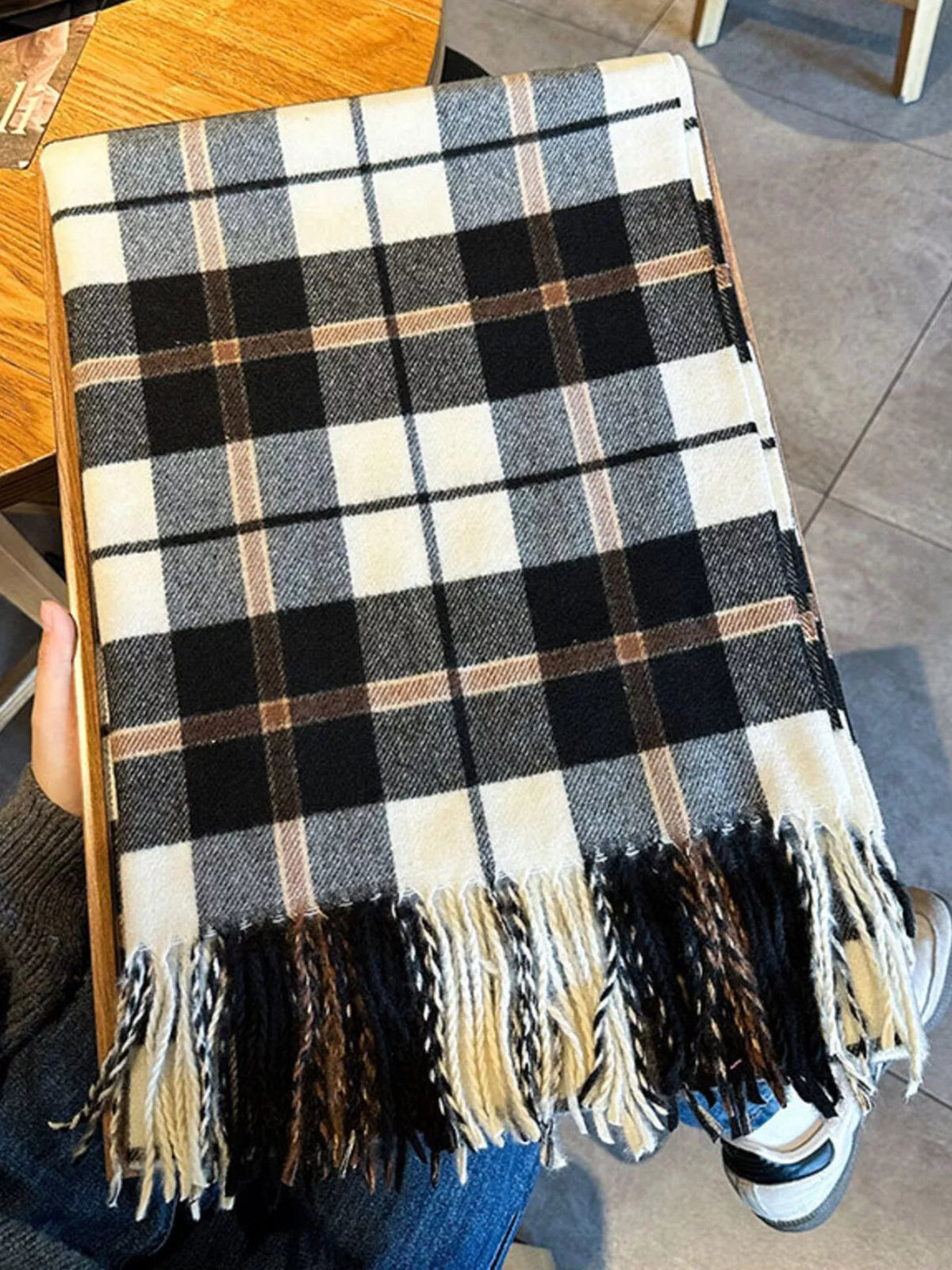 Classic Plaid Fringe Scarf - Black - View 10