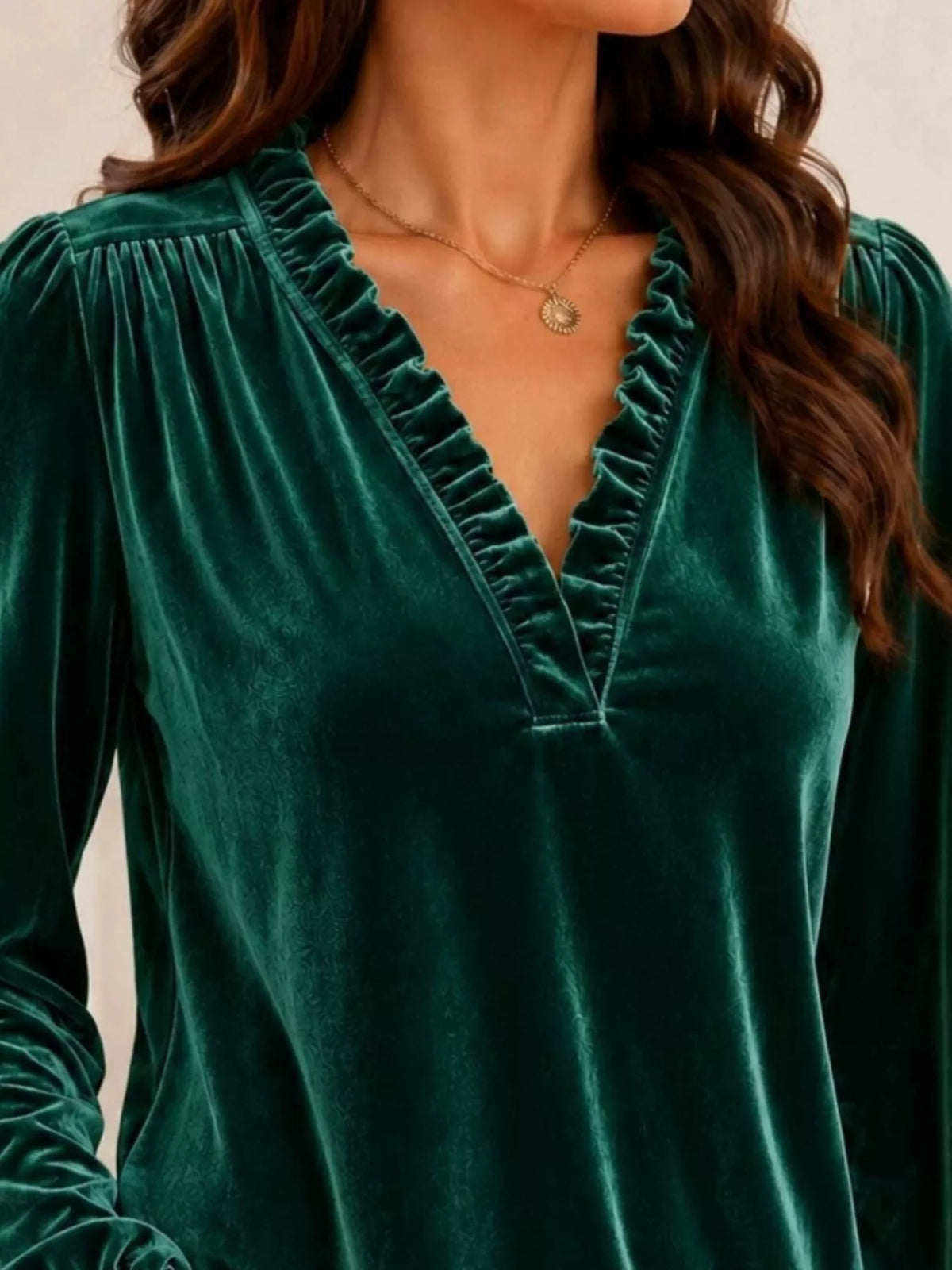 V-Neck Ruffle Trim Velvet Blouse - Dark Green - View 2