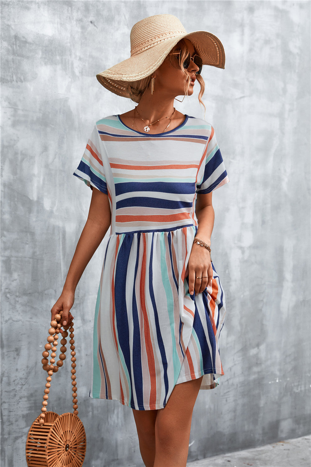Striped Round Neck Dress - Orange/White - View 6