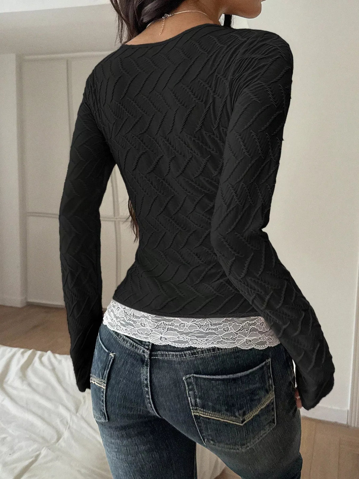 Square Neck Lace Trim Textured T-Shirt - Black - View 4