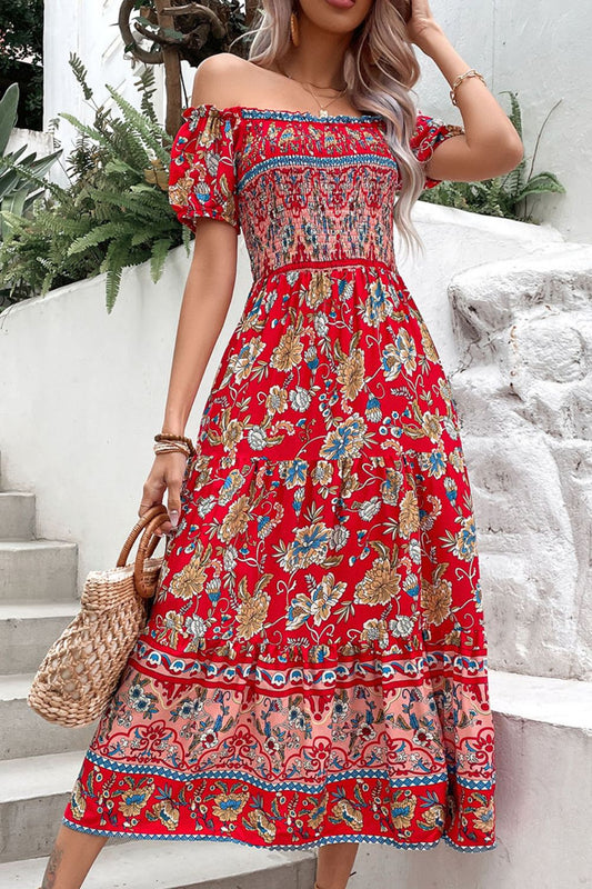 Perfee Floral Off-Shoulder Smocked Midi Dress - Deep Red - View 1