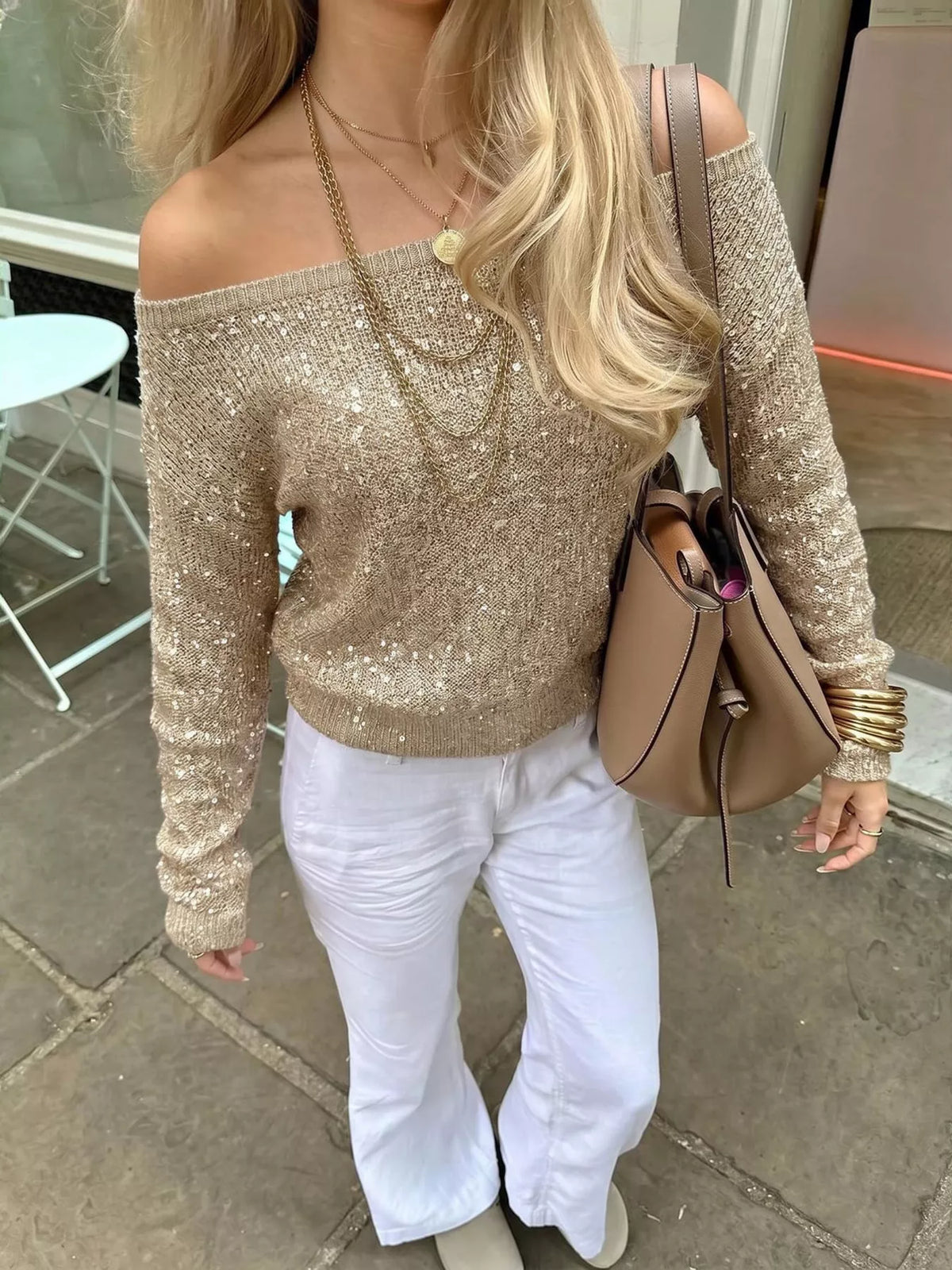Sequin Off-Shoulder Sweater - Khaki Color - View 4