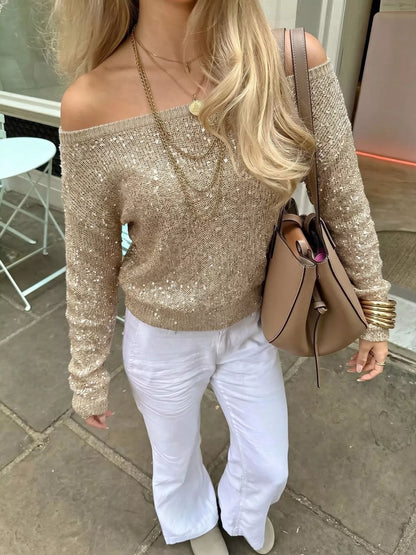 Sequin Off-Shoulder Sweater - Khaki Color - View 4