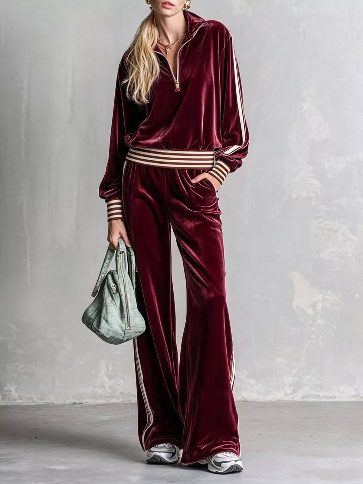 Striped Half Zip Top and Pants Set - Burgundy - View 1