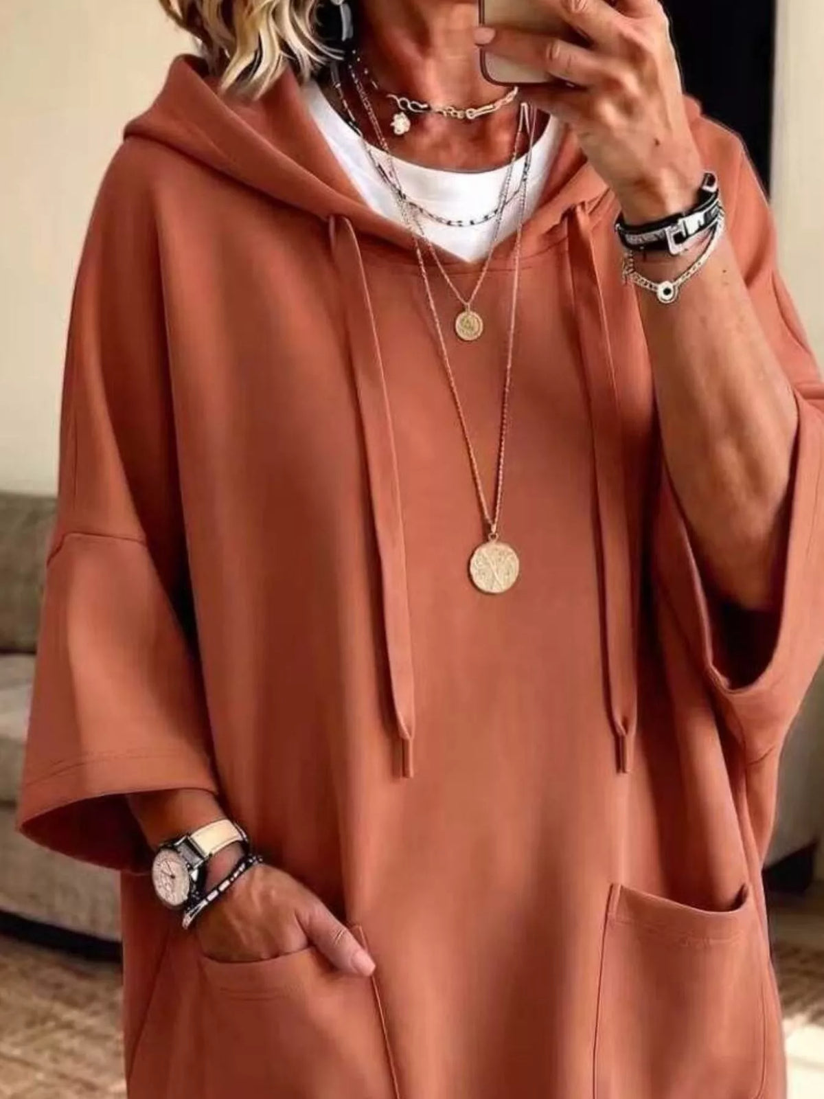 Full Size Drawstring Oversized Front Pockets Oversized Hoodie Plus Size - Terracotta - View 2