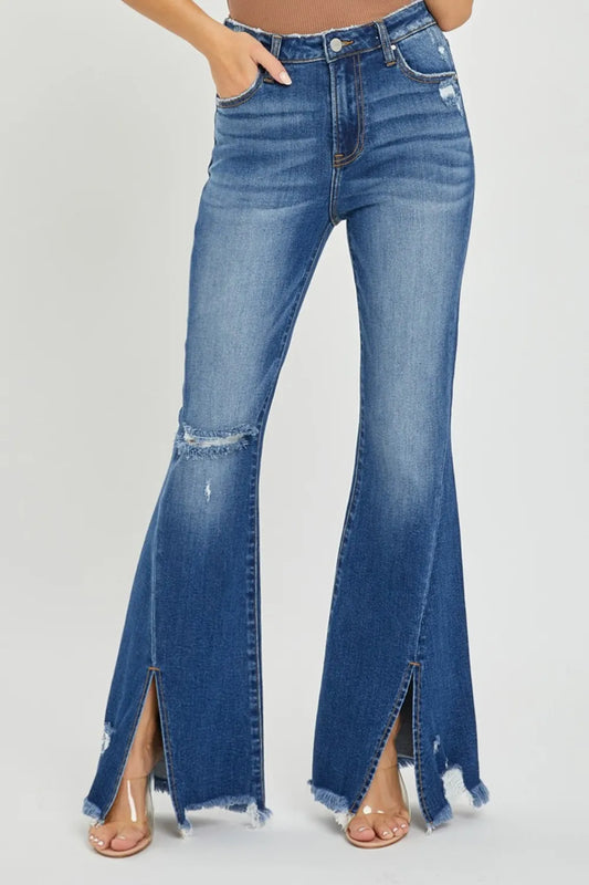 RISEN Full Size High Rise Front Slit Frayed Hem Flare Jeans - product photo 1