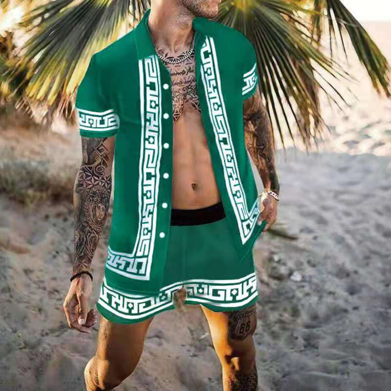 Casual loose print two-piece shirt beach suit for men