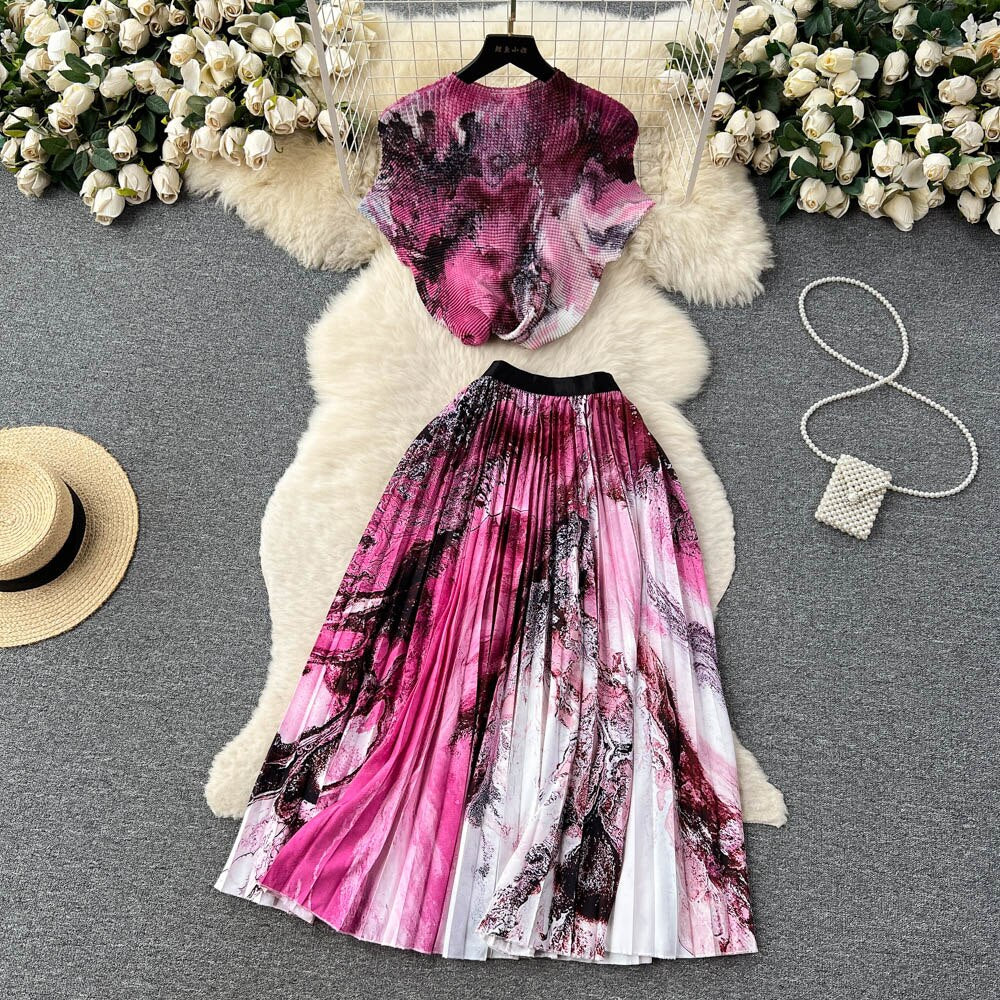 [EWQ] Elegant Short sleeved women's shirt+high waisted pleated skirt trend  2-piece set Summer vacation party clothing