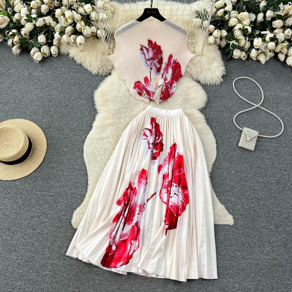 [EWQ] Elegant Short sleeved women's shirt+high waisted pleated skirt trend  2-piece set Summer vacation party clothing
