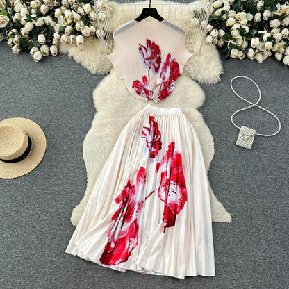 [EWQ] Elegant Short sleeved women's shirt+high waisted pleated skirt trend  2-piece set Summer vacation party clothing