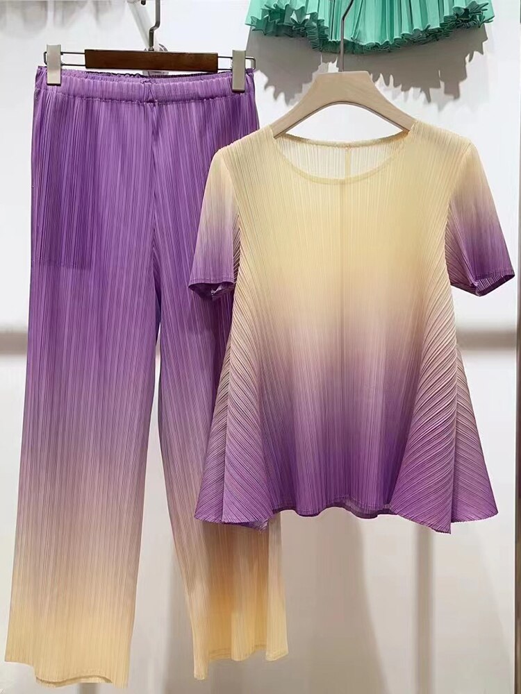 Pleated Gradient Set For Women Short Sleeves Loose Shirts With Wide Leg Pants Female Elegant Clothing Summer