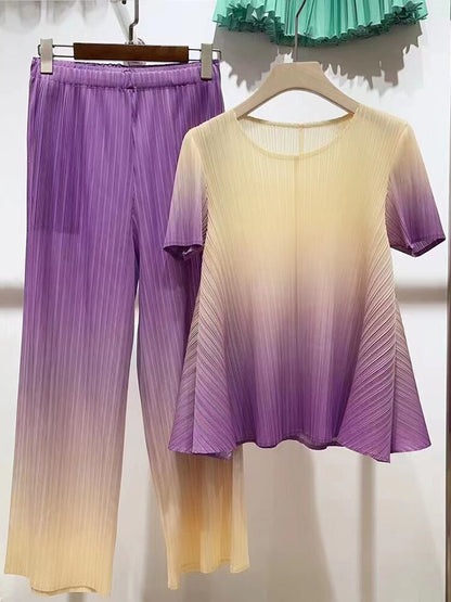 Pleated Gradient Set For Women Short Sleeves Loose Shirts With Wide Leg Pants Female Elegant Clothing Summer