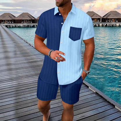 Jacquard color blocked pocket short sleeved shorts lapel shirt casual set