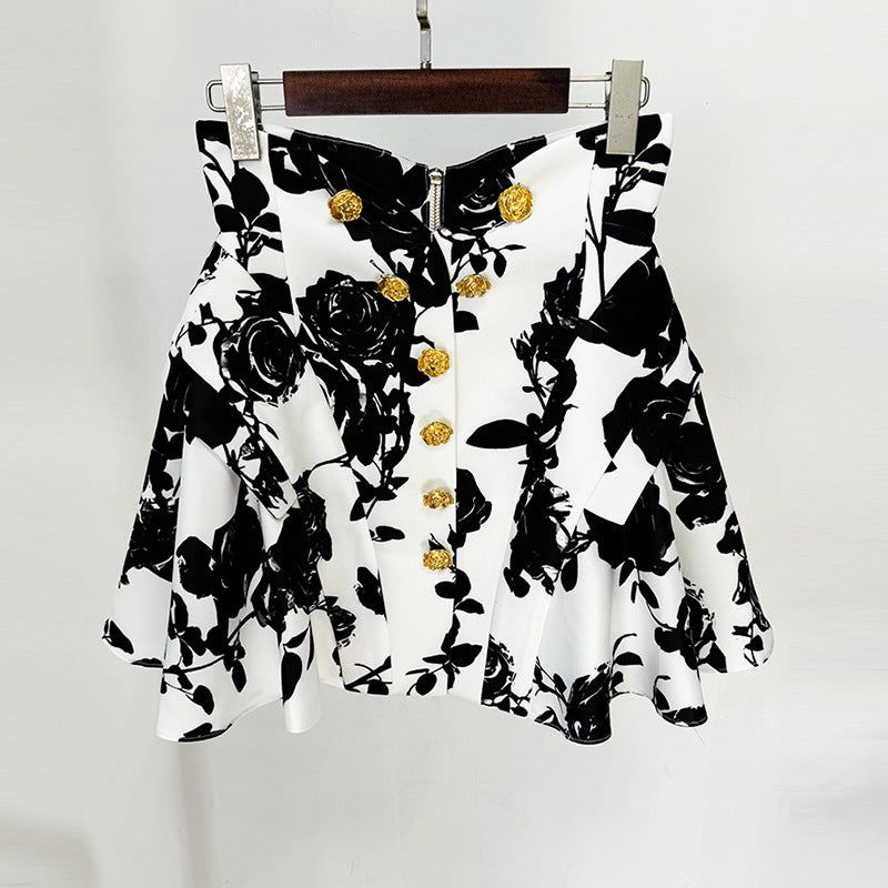 Tulip Waistline Rose Flower Print Short Skirt