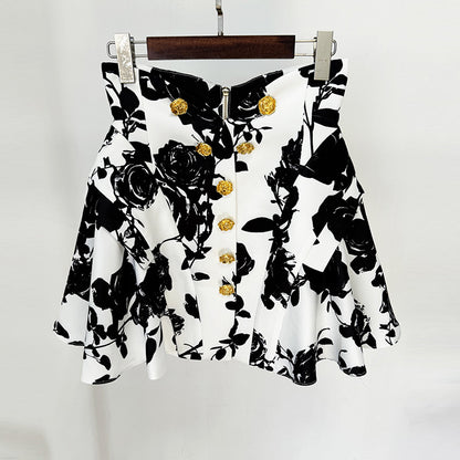 Tulip Waistline Rose Flower Print Short Skirt