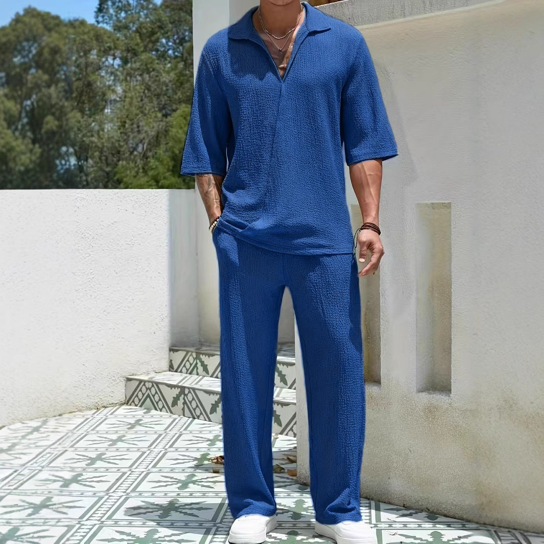 Men's casual shirt solid color half sleeved pants two-piece set