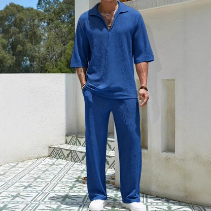 Men's casual shirt solid color half sleeved pants two-piece set