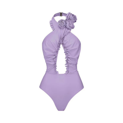 French style two sets of women's swimsuits solid color flash cross hollow swimsuit for women