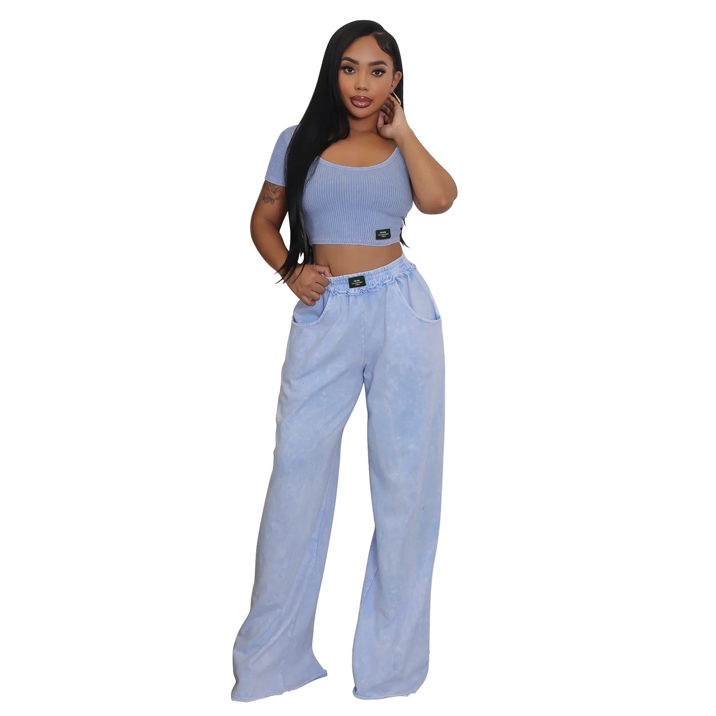 Waist up U-neck wide leg pants set