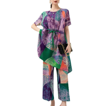 Pleated Print Fashion Suit Women's Summer New Elegant Drawstring Top Wide Leg Pants Two-Piece Set