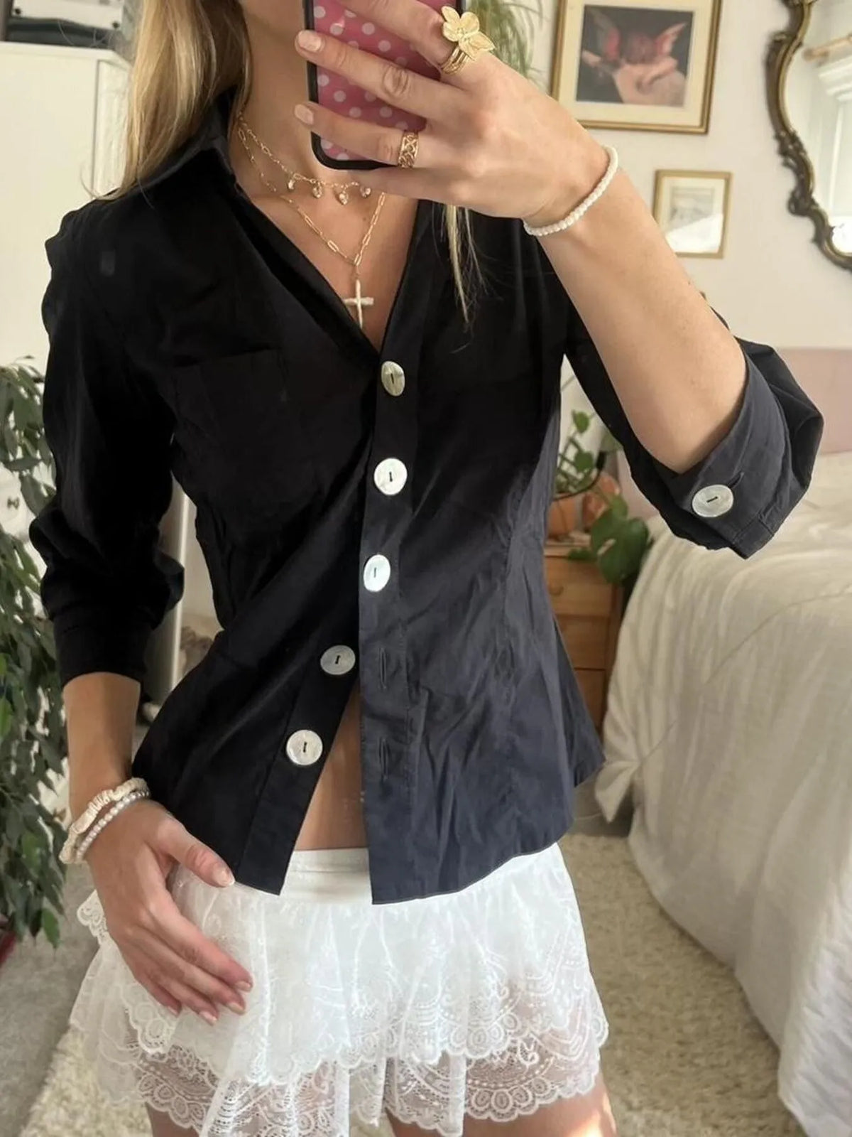 Collared Neck Button-Down Shirt - Black - View 4