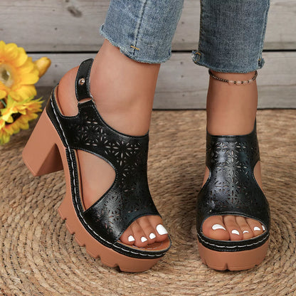 Open Toe Block Heels Sandals - Black - View 2
