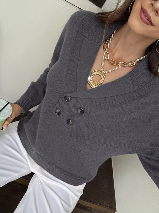Double-Breasted Shawl Collar Sweater - Dark Gray - View 2