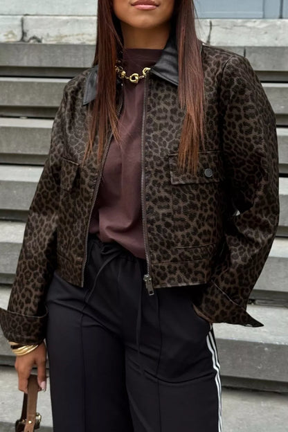 Leopard Print Cropped Faux Leather Jacket with Utility Pockets - Black - View 4