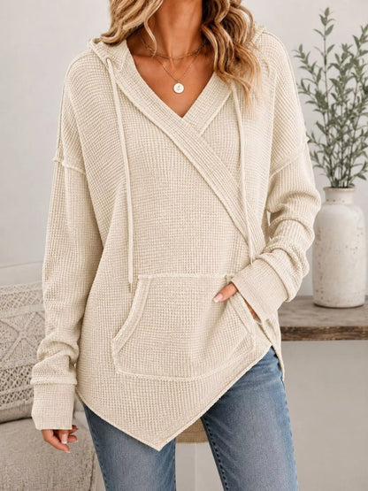 Drawstring Waffle Knit Hoodie - Beige - View 1
