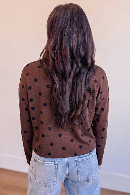 Polka Dot Button Front Long Sleeve Casual Shirt - Brown - View 4