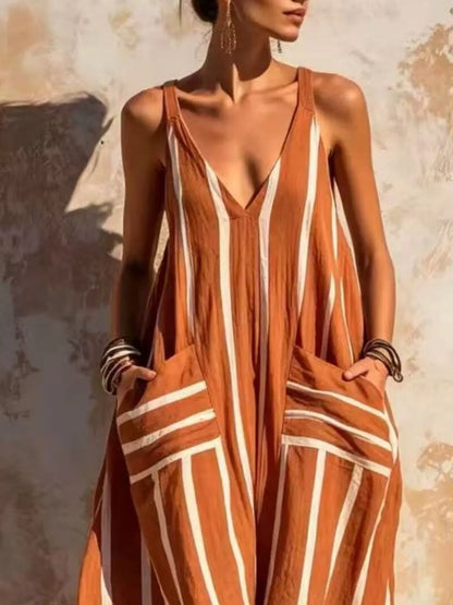 Striped V-Neck Sleeveless Wide-Leg Jumpsuit - Terracotta - View 2