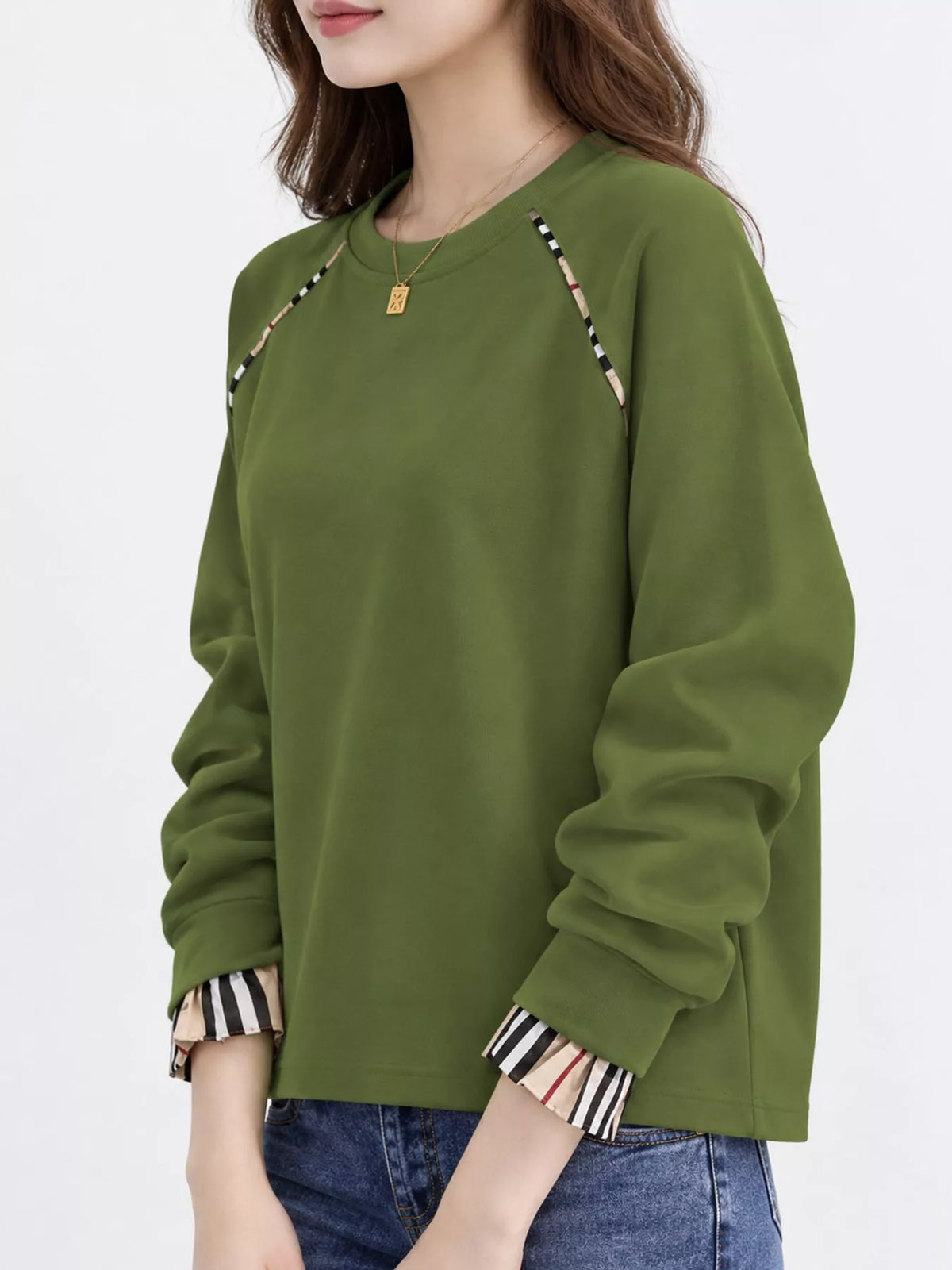 Plaid-Trimmed Crew Neck Sweatshirt - Army Green-Plain - View 10