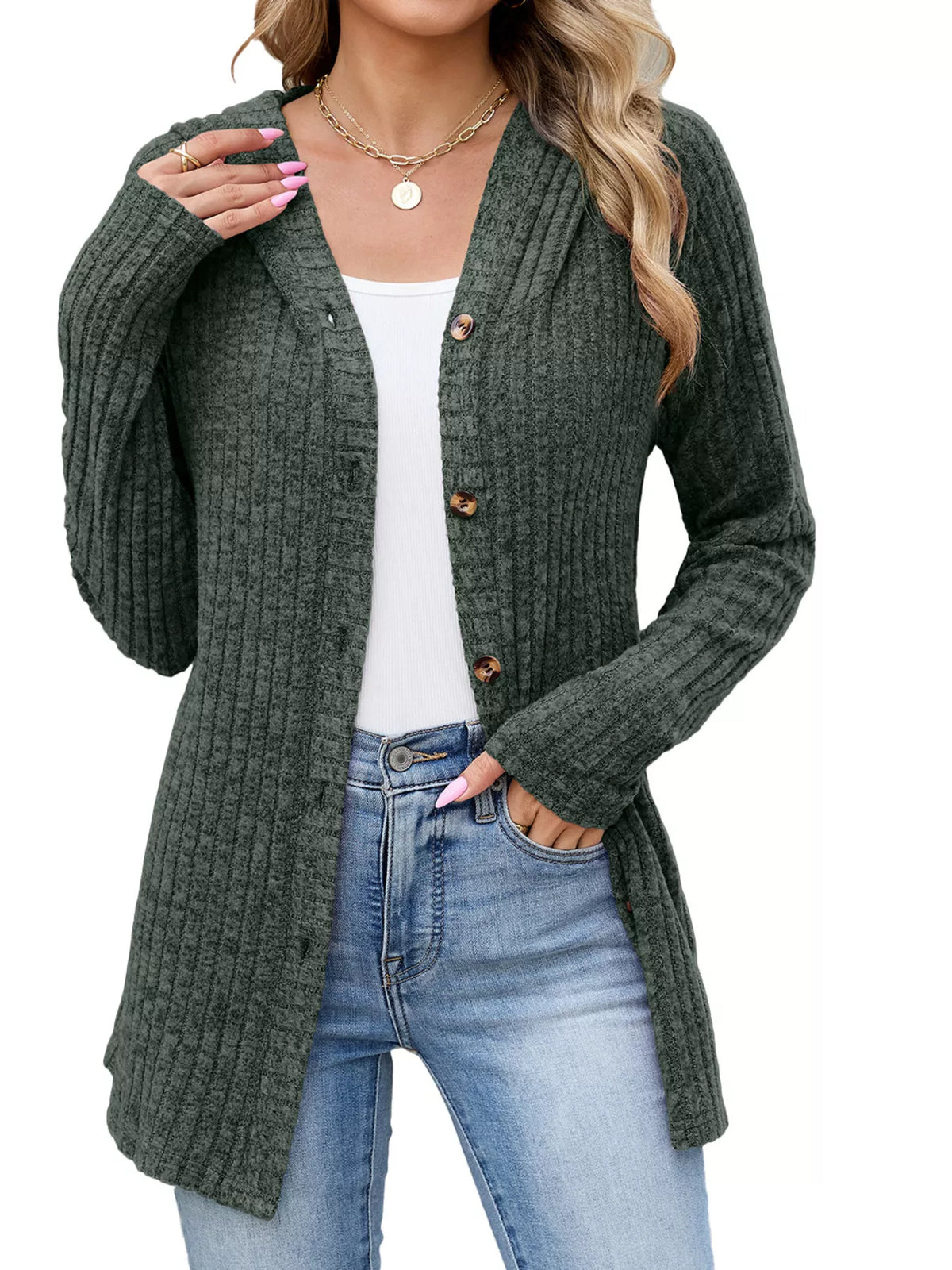 Ribbed Knit Hooded Button-Down Cardigan - Army Green - View 1