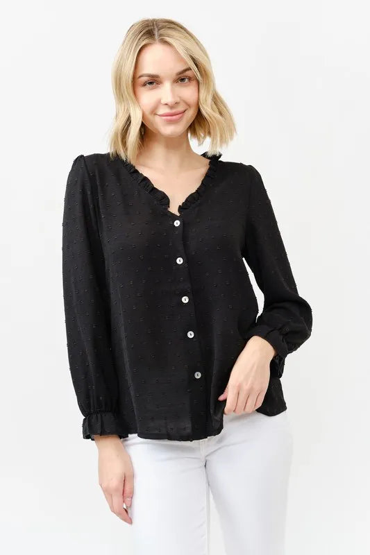 And The Why Polka Dot Ruffle Detailed Blouse Top - BLACK - View 9